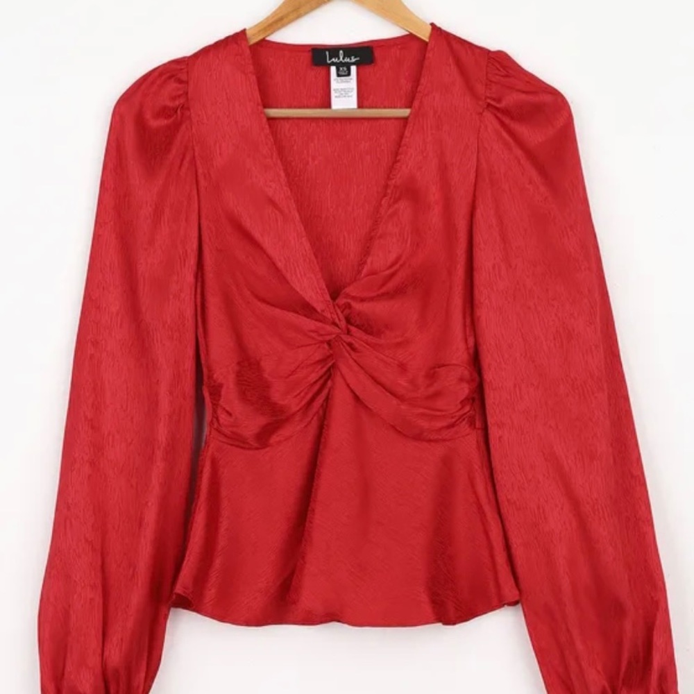lulus wonderful feeling red satin jacquard twist-front top